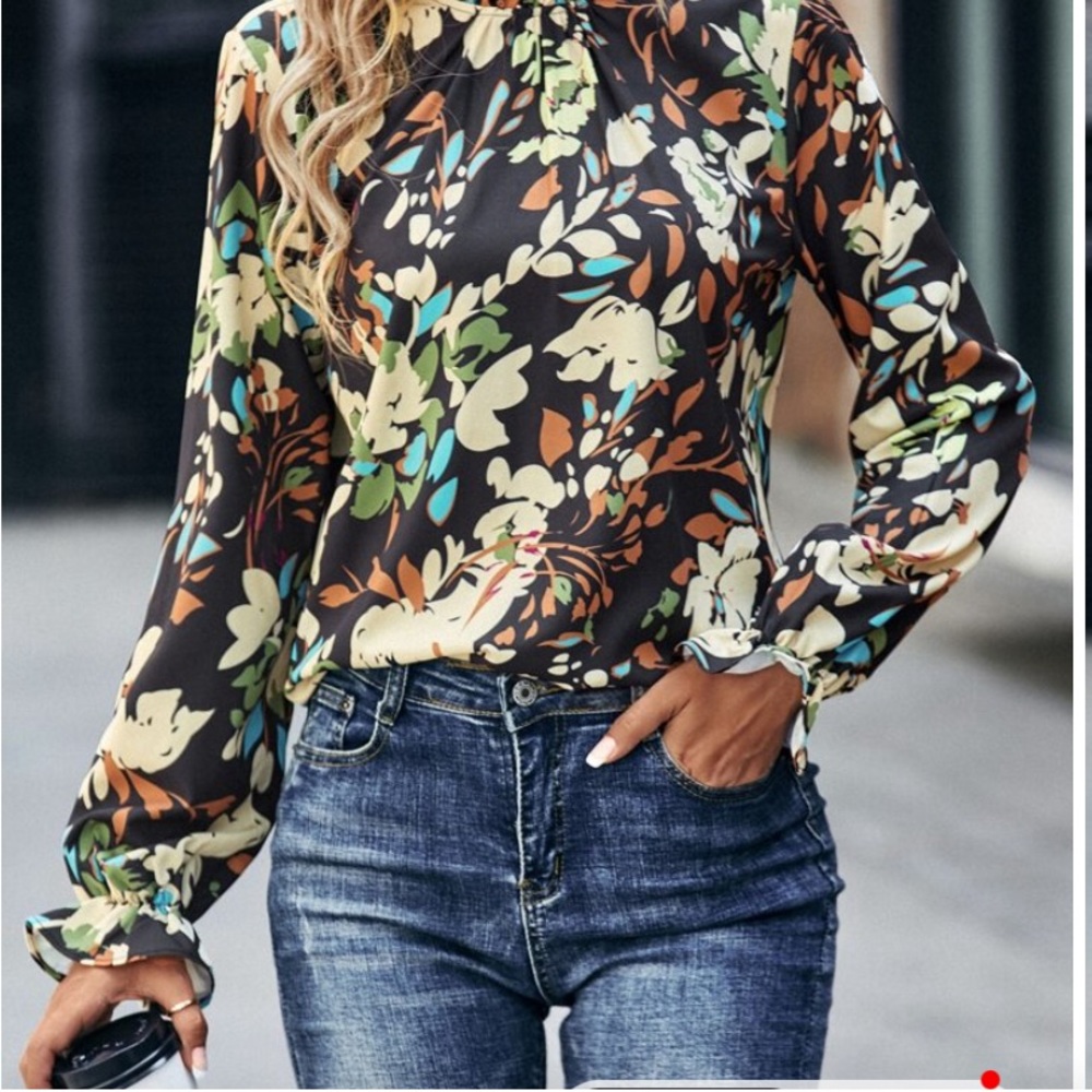 NWT Shein Floral Print Flounce Sleeve Frilled Neck Blouse Black